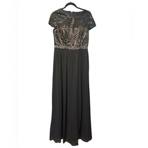 Decode Black Sequin Nude Lining Cap Sleeve Top Chiffon Flowy Skirt Gown Size 10